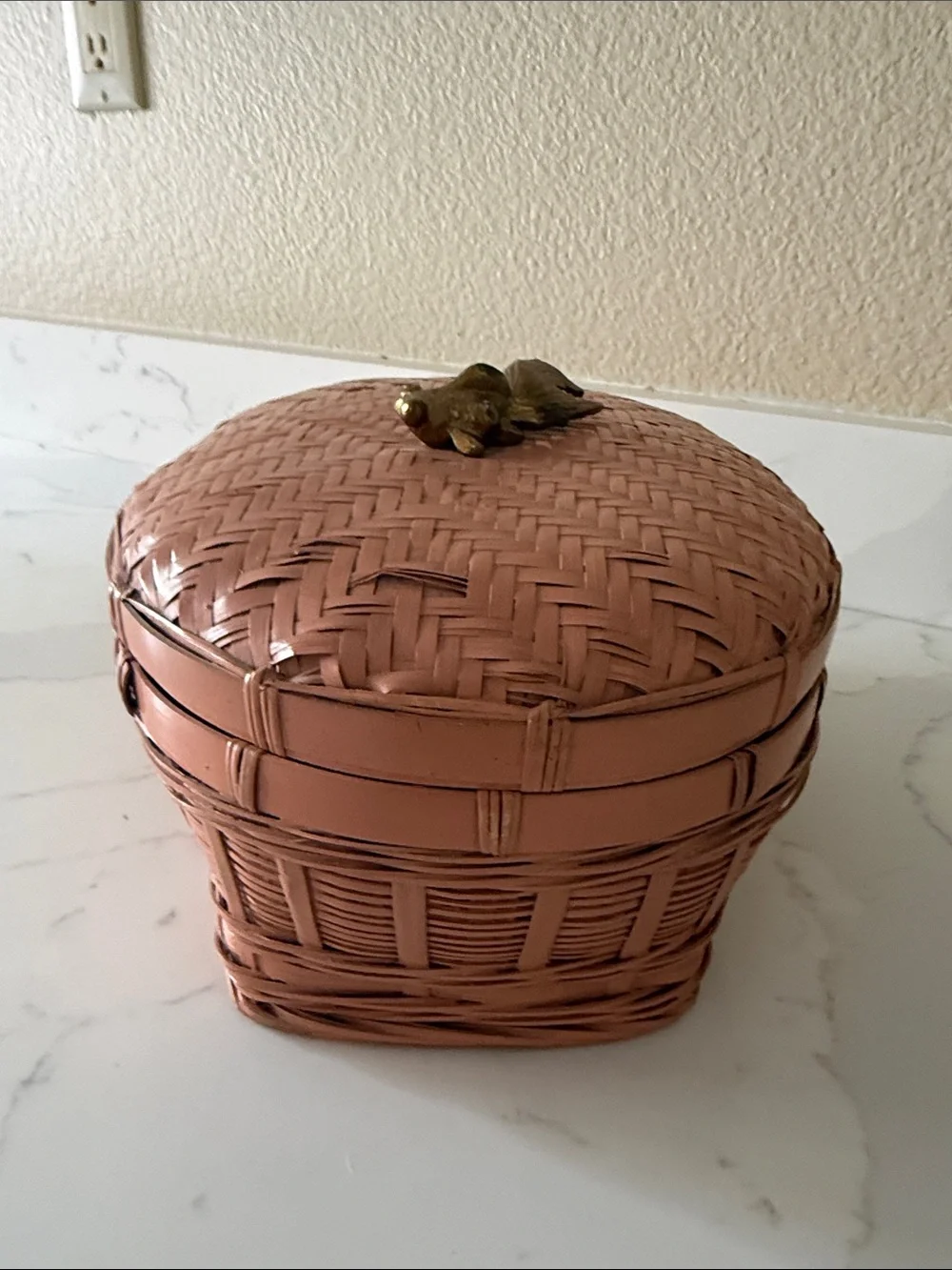 Vintage Painted Basket with Brass Coi Fish Handle Lidded